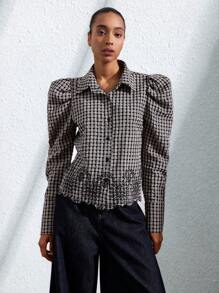 Aveloria Modichic Blusa de mujer de manga larga y botones al frente con diseño bordado, escote en forma de arco y mangas abullonadas en tela a cuadros al estilo francés casual