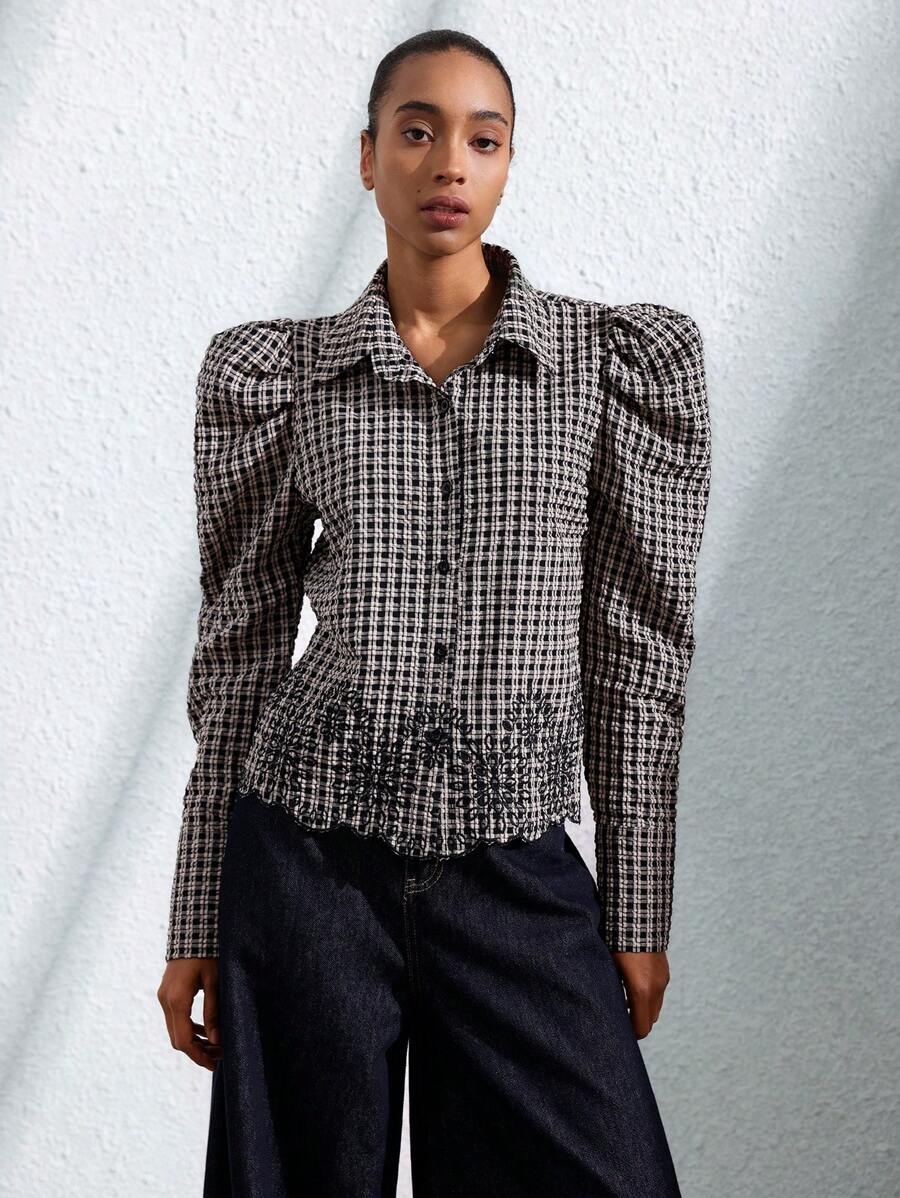 Aveloria Modichic Casual French Style Checkered Fabric Embroidered Shell Arc Hem Puff Sleeve Button Front Long Sleeve Women Shirt Fall Cloth For Women - Black - View 1