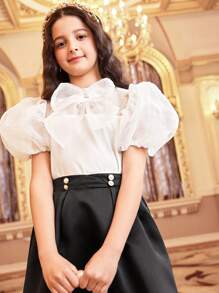 SHEIN Tween Girl 欧根纱白色短袖衬衫，带蝴蝶结装饰，适合派对和场合穿着 - 粉色 - 查看 4