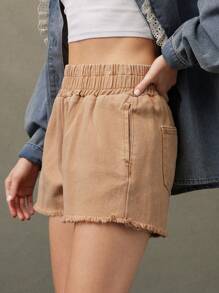 WESTFADE High Rise Smocked Elastic Waist Frayed Hem Relaxed Denim Shorts Summer Beach Vacation For Cowgirl - Mocha Brown - View 4