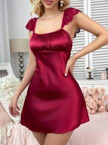 Sexy Back Lace Patchwork Red Women Nightgown - Burgundy - View 6