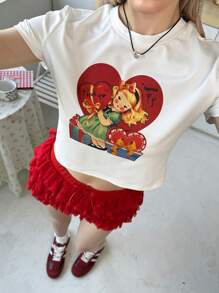 SHEIN Teen Girl Slim Fit Retro Cartoon Print Contrast Color Crop Top T-Shirt & Red Ruffle Lace Trim Mini Skirt 2 Pieces Set - Red - View 4
