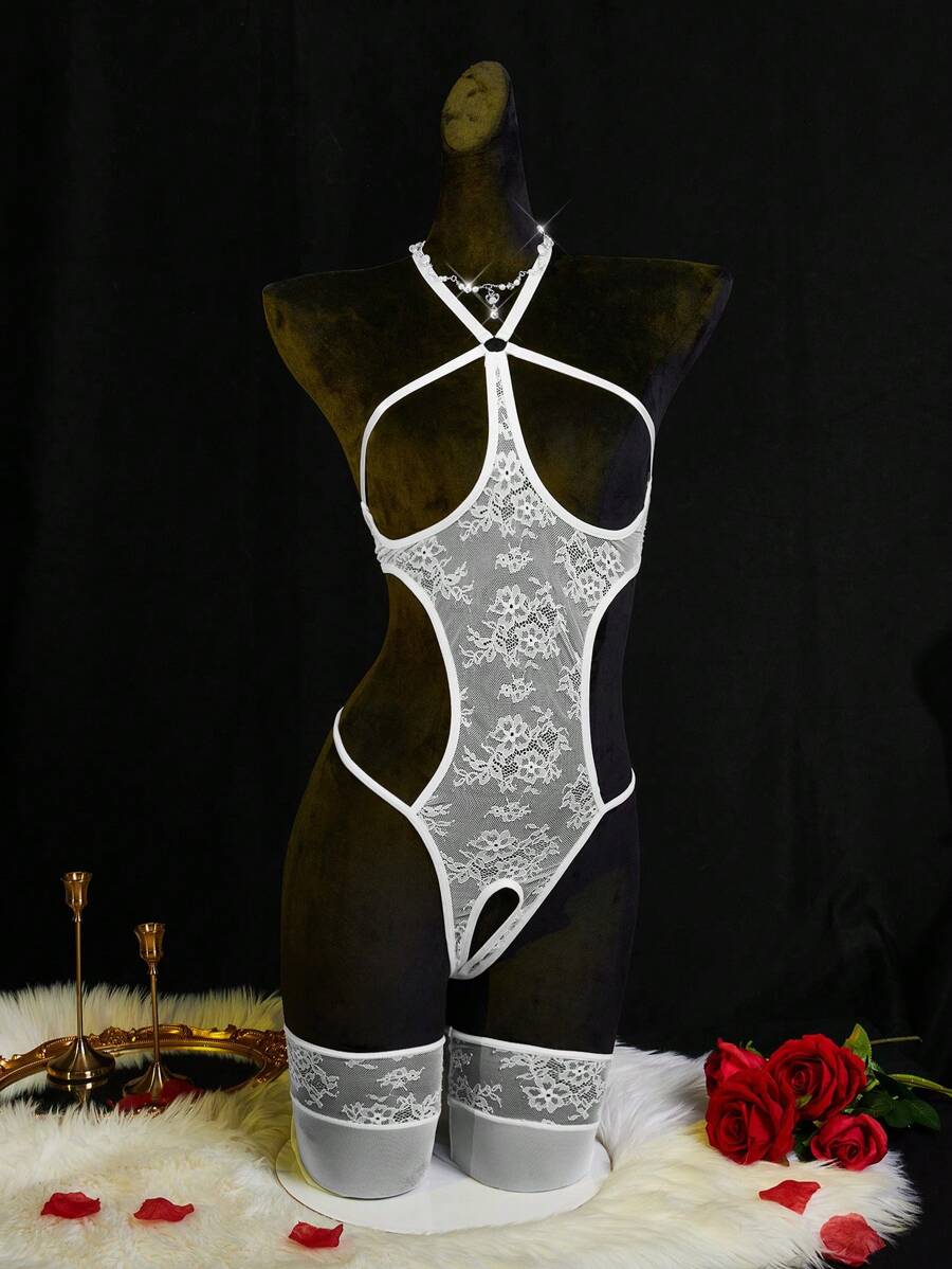 SHEIN Fluorescent Women Hollow Out Sexy Catsuit For Going Out BridalLingerie - White - View 1