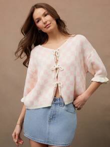 WESTFADE Cárdigan de punto con mangas abullonadas, volantes a cuadros, lazo delantero y estilo vaquera - Rosa - Ver 3