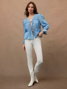 WESTFADE 可爱纹理格纹长款泡泡袖荷叶边系带上衣 90 年代服饰 - 淺藍色 - 查看 3