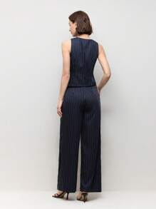 BizChic Conjunto de top de chaleco de cuello en V y pantalones de pierna ancha a rayas azul marino para mujer, conjunto para primavera/verano - Azul Marino - Ver 3