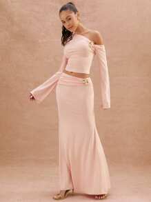 L'Amorae Váy Maxi đuôi cá cạp thấp xếp nếp họa tiết hoa vàng đi biển, trang phục mùa hè cho phụ nữ - Hồng - Xem 4