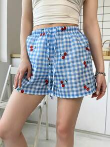 SHEIN 少女休闲中腰樱桃图案格子短裤 - 藍色 - 查看 6
