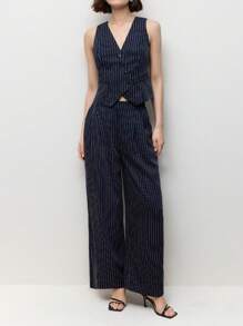 BizChic Conjunto de top de chaleco de cuello en V y pantalones de pierna ancha a rayas azul marino para mujer, conjunto para primavera/verano - Azul Marino - Ver 5