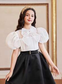 SHEIN Tween Girl 欧根纱白色短袖衬衫，带蝴蝶结装饰，适合派对和场合穿着 - 粉色 - 查看 7