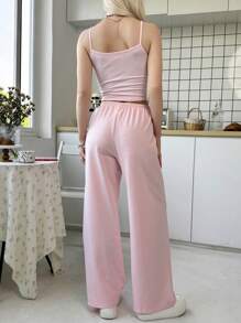 SHEIN Conjunto informal de 2 piezas de camiseta sin tirantes con lazo y pantalones, estilo Y2K para chicas adolescentes, cómodo y ajustado