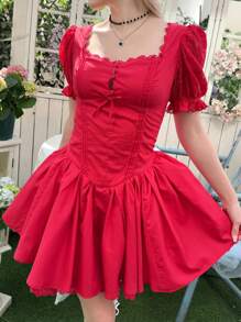 SHEIN Teen Girl And Elegant Square Neck Ruffled Sleeve Lace Panel Dress - Red - View 7