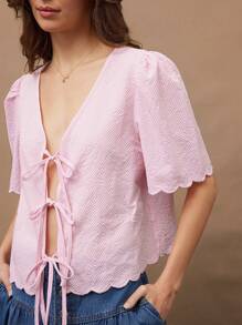 WESTFADE 泡泡纱 V 领短款泡泡袖扇形下摆可爱前系带上衣西装女装 - 淺粉色 - 查看 5