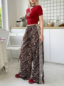 SHEIN Teen Girl Loose Casual Minimalist Comfortable Leopard Print Tie Belt Decorated Bow Casual Pants - Black - View 6