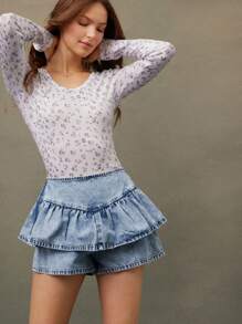 WESTFADE 荷叶边弹力腰部酸洗牛仔短裤 - 藍色 - 查看 3