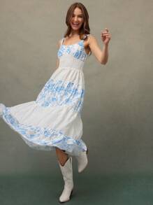 WESTFADE Spring Summer Mixed Floral Pattern And Eyelet Embroidery Smocked Sleeveless Fit And Flare Dress 90s Dress - Blue - View 4