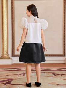 SHEIN Tween Girl 欧根纱白色短袖衬衫，带蝴蝶结装饰，适合派对和场合穿着 - 粉色 - 查看 2