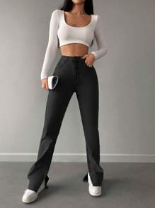 Cottnline High-waisted Split Hem Jeans - Black - View 3