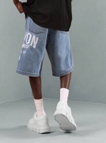 SUMWON Summer Sports Casual Denim Bermuda Shorts With California Embroidered Design, Baggy Fit Street Style Athletic Skater Casual Bottoms