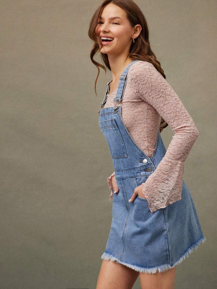WESTFADE Spring Outfit Fray Hem Mini Denim Overall Cowgirl Outfit - Blue - View 1