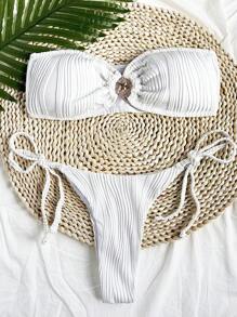 Soleia Women's White Knitted Jacquard Texture Bandeau Bikini Set,Summer Casual Pool Party Vacation Holiday Swimwear,Minimalist Top And Bottom Swim Suits - White - View 1