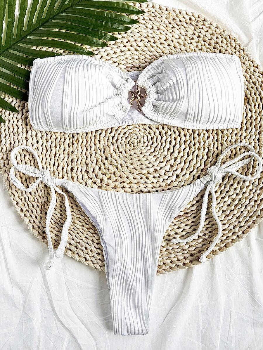 Soleia Women's White Knitted Jacquard Texture Bandeau Bikini Set,Summer Casual Pool Party Vacation Holiday Swimwear,Minimalist Top And Bottom Swim Suits - White - View 1