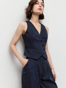 BizChic Conjunto de top de chaleco de cuello en V y pantalones de pierna ancha a rayas azul marino para mujer, conjunto para primavera/verano - Azul Marino - Ver 2