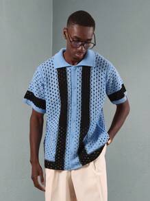 SUMWON Crochet Knit Polo Shirt Summer Beach Casual Retro Pattern Block Design Vintage Style Button Front Streetwear Resort Wear Vacation Ready Fashionable