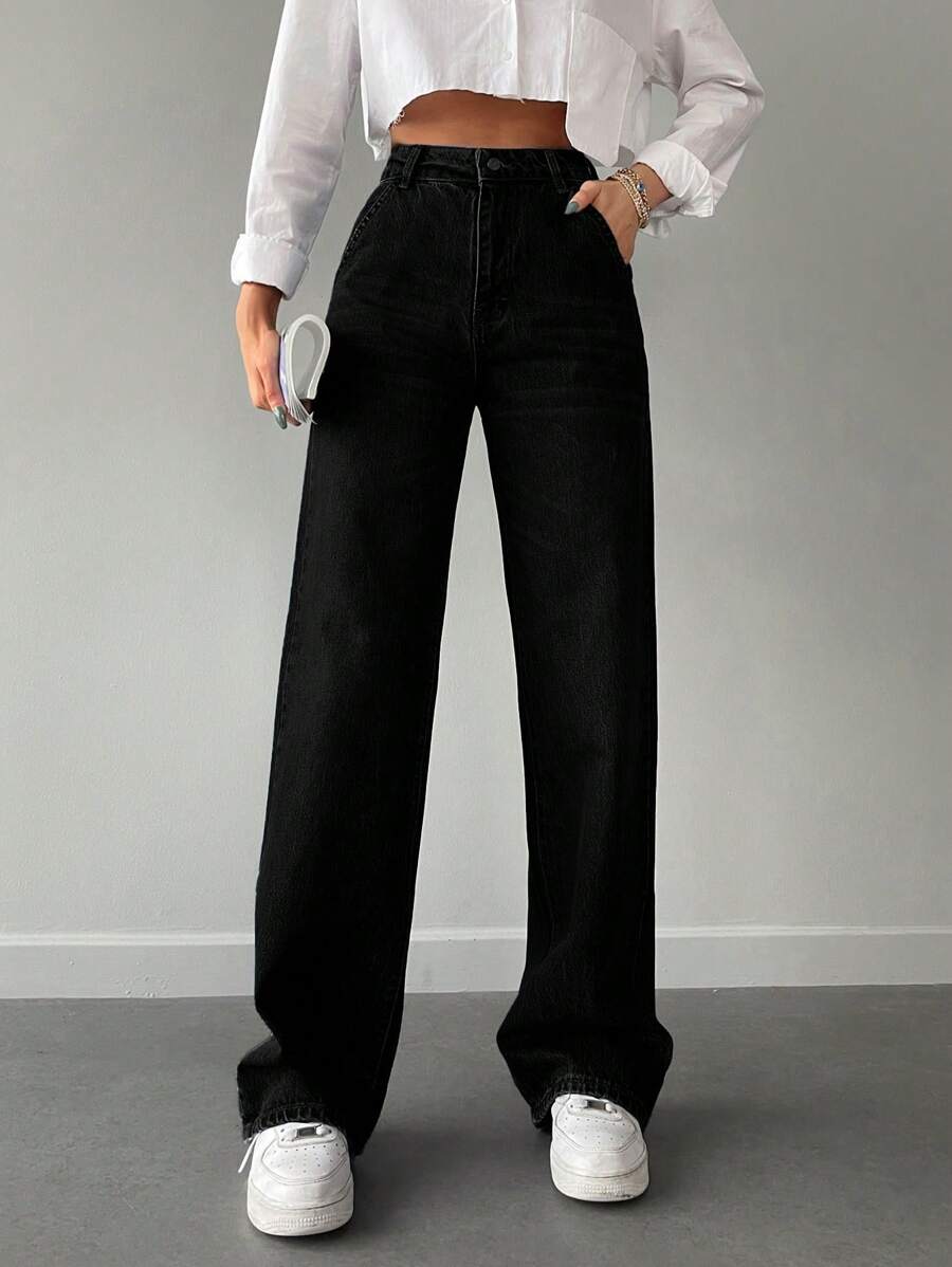 Cottnline Solid Straight Leg Jeans