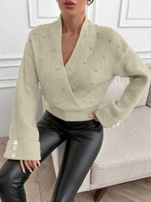 EURMUSE Women Pearl And Rhinestone Detailed V Neck Floral Sleeve End Detailed Soft Touch Elegant Sweater - Beige - View 3