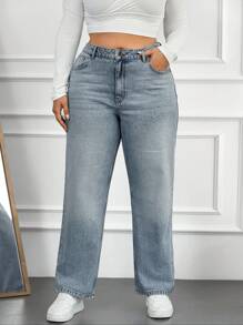 EURMUSE 100%Cotton Plus Pocket Detail Straight Leg Jeans - Blue - View 5