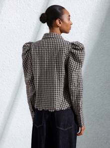 Aveloria Modichic Blusa de mujer de manga larga y botones al frente con diseño bordado, escote en forma de arco y mangas abullonadas en tela a cuadros al estilo francés casual