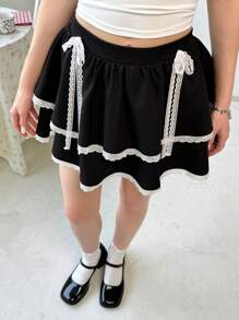 SHEIN Teen Girl Black Ruffled Contrast Floral Lace Trim Big Bow Skirt - Black - View 4