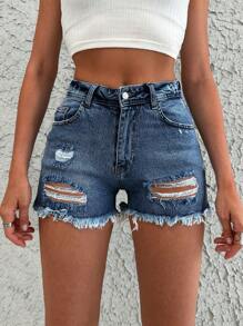 EURMUSE 98%Cotton Ripped Raw Hem Denim Shorts - Blue - View 1