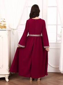 SHEIN Tween Girl Purple Long Sleeve Dress With Golden Trim & Ribbon Decor, Elegant For Occasions, Suitable For Holidays, Parties, Ramadan, Spring/Summer