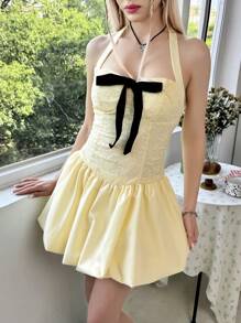 SHEIN Tween 女童修身休闲简约 Y2K 蝴蝶结装饰挂脖拼色连衣裙 - 黃色 - 查看 7