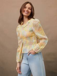 WESTFADE Spring Ditsy Floral Printed Woven Round Ruffle Neck Smocked Long Puff Sleeve Babydoll Top For Cowgirl - Multicolor - View 1