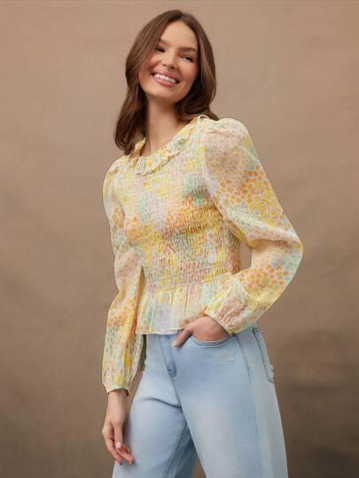 WESTFADE Spring Ditsy Floral Printed Woven Round Ruffle Neck Smocked Long Puff Sleeve Babydoll Top For Cowgirl