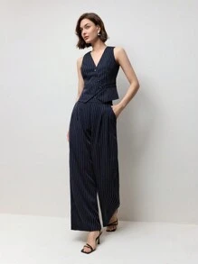 BizChic Conjunto de top de chaleco de cuello en V y pantalones de pierna ancha a rayas azul marino para mujer, conjunto para primavera/verano - Azul Marino - Ver 4