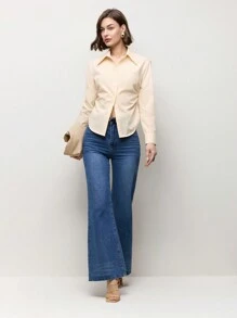 BizChic 杏色通勤长袖女式腰部褶饰上衣，春夏女士衬衫