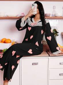 Valentine's Day Sweet Bow & Heart Color Contrast Women Pajama Set - Multicolor - View 3