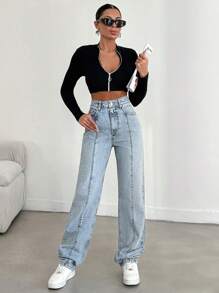 EURMUSE 100%Cotton Solid Color Straight Leg Jeans - Light Wash - View 6