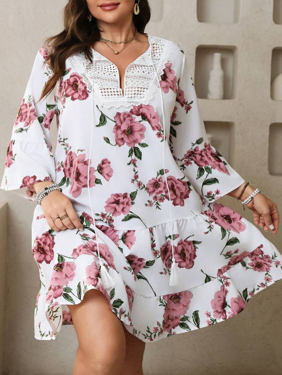 SHEIN LUNE Plus Size V-Neck Floral Print Ruffle Trim Burgundy Casual Summer Dress - White - View 1