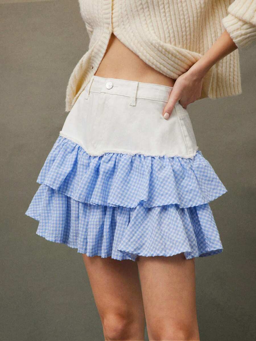 WESTFADE 混合面料格纹分层牛仔迷你裙 女式西式服装 - 白色 - 查看 1