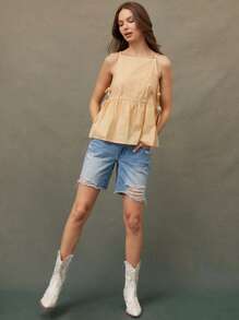 WESTFADE 夏季格子花纹蝴蝶结侧系带无袖 A 字形背心，适合女牛仔 - 黃色 - 查看 3