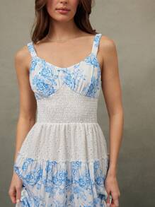 WESTFADE Spring Summer Mixed Floral Pattern And Eyelet Embroidery Smocked Sleeveless Fit And Flare Dress 90s Dress - Blue - View 5