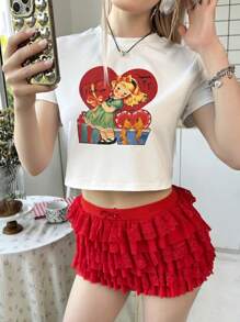SHEIN Teen Girl Slim Fit Retro Cartoon Print Contrast Color Crop Top T-Shirt & Red Ruffle Lace Trim Mini Skirt 2 Pieces Set - Red - View 5
