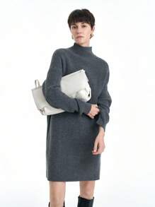 Aalyst 休闲宽松垂坠领针织毛衣裙，秋冬 - 灰色 - 查看 5