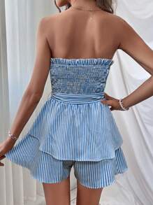 Breezaya Áo liền quần ống rộng xếp ly kẻ sọc xanh nhạt dễ thương cho nữ, trang phục đi biển nghỉ mát, trang phục đi biển cho nữ, trang phục dự tiệc trưa cho nữ. - Nhiều màu - Xem 2