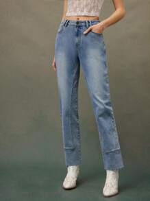 WESTFADE 夏季中腰宽松毛边直筒牛仔裤，适合女牛仔 - 藍色 - 查看 1